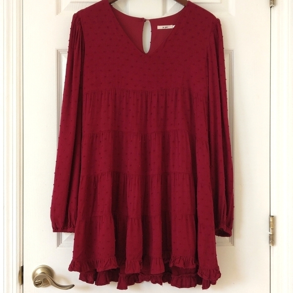 Miami Flowy Tiered Swiss Dot Long Sleeve V-neck A-line Mini Dress Burgundy XS - Picture 1 of 16